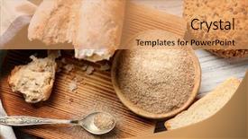  Presentation with gluten free bread on wooden - Theme featuring fresh broken bread on wooden background and a  colored foreground