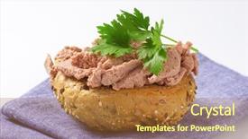  Presentation with tablecloth - Presentation theme consisting of fresh bun with pate and parsley on blue tablecloth background and a red colored foreground
