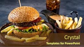  Presentation with burger fries - Slides having fresh-burger-with-crispy-french background and a tawny brown colored foreground