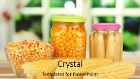  Presentation with corn - Presentation design with fresh canned and dried corn on wooden table on bright background background and a yellow colored foreground