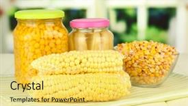  Presentation with corn - Presentation theme having fresh canned and dried corn on wooden table on bright background background and a yellow colored foreground