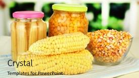  Presentation with corn - Presentation theme enhanced with fresh canned and dried corn on wooden table on bright background background and a yellow colored foreground