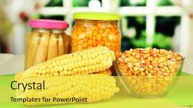  Presentation with corn - Presentation theme having fresh canned and dried corn on wooden table on bright background background and a yellow colored foreground