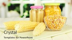  Presentation with corn - Presentation design featuring fresh canned and dried corn on wooden table on bright background background and a blonde colored foreground