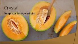  Presentation with melon - Slides consisting of fresh cantaloupe cut into pieces background and a yellow colored foreground