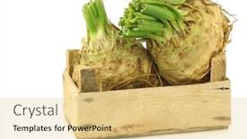  Presentation with celery - Beautiful slide deck featuring fresh celery roots with some foliage in a wooden crate on a white background backdrop and a lemonade colored foreground