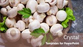 Presentation with mushrooms - Theme with fresh champignon mushrooms on wooden table background and a coral colored foreground
