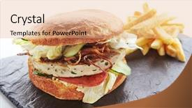  Presentation with burger fries - PPT theme enhanced with fresh chicken burger with onions background and a coral colored foreground