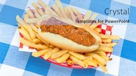  Presentation with checkered tablecloth - Theme having fresh-chilidog-with-a-basket background and a light blue colored foreground