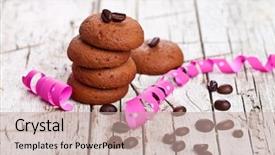  Presentation with coffee chocolate - Amazing PPT theme having fresh chocolate cookies coffee beans and pink ribbons on rustic wooden background backdrop and a coral colored foreground