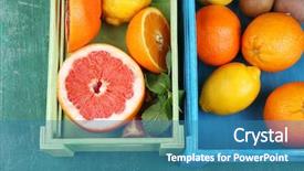 Presentation with green color - Amazing PPT theme having fresh citrus fruits with green leaves in wooden box on color wooden background backdrop and a teal colored foreground