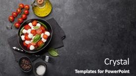  Presentation with leaves flat lay - PPT theme having fresh classic caprese salad with cherry tomatoes mozzarella basil leaves and condiment flat lay top view with copy space background and a dark gray colored foreground