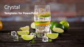  Presentation with orange lime - Slides enhanced with fresh cocktail with soda water ice lime orange and mint on wooden table background and a violet colored foreground