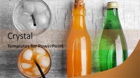  Presentation with soda - Cool new slide deck with fresh cocktails with soda bottles on grey table background top view backdrop and a coral colored foreground