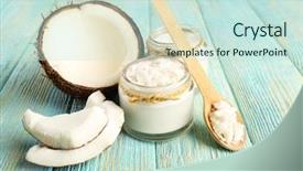  Presentation with coconut shell - PPT theme with fresh coconut oil in glassware background and a soft green colored foreground