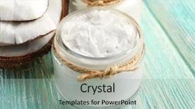  Presentation with coconut oil - Amazing PPT theme having fresh coconut oil in glassware backdrop and a mint green colored foreground