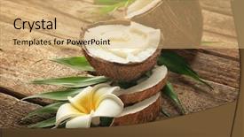  Presentation with coconut shell - Amazing PPT theme having fresh coconut oil in half backdrop and a coral colored foreground