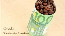  Presentation with sack of coffee beans - Slide set having fresh coffee beans wrapped with 100 euro currency banknote money on fabric background with copyspace representing expensive coffee price in europe background and a cream colored foreground