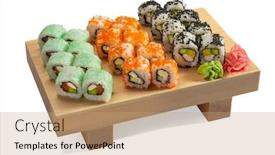  Presentation with shrimp fish - Slide deck with fresh-colorful-uramaki-sushi-roll background and a coral colored foreground