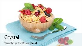  Presentation with corn flakes - Audience pleasing presentation design consisting of fresh corn flakes with berries in bowl isolated on white background backdrop and a light blue colored foreground