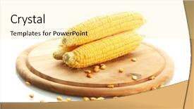  Presentation with corn - Beautiful theme featuring fresh corn on wooden cutting board isolated on white backdrop and a blonde colored foreground