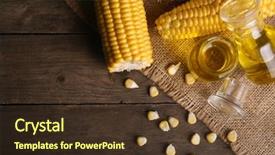  Presentation with corn - Audience pleasing presentation design consisting of fresh corn with bottles of oil on table close up backdrop and a tawny brown colored foreground