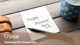  Presentation with pen laptop coffee cup clips - Presentation enhanced with fresh croissant and happy monday background and a  colored foreground