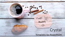  Presentation with cup coffee - Colorful slide set enhanced with fresh croissant and happy monday backdrop and a  colored foreground