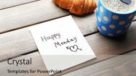  Presentation with hot and cold coffee cup - Colorful presentation theme enhanced with fresh croissant and happy monday backdrop and a  colored foreground