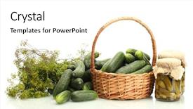  Presentation with cucumbers - Colorful presentation theme enhanced with fresh cucumbers pickles and dill in basket isolated on white backdrop and a white colored foreground