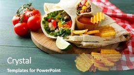  Presentation with food potato chips crisps snacks - PPT layouts having fresh cut - homemade tasty burrito with vegetables background and a seafoam green colored foreground