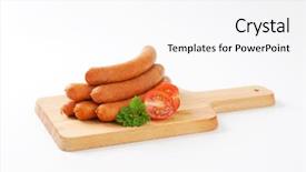  Presentation with cutting board - PPT theme with fresh cut - raw frankfurter sausages on wooden background and a white colored foreground