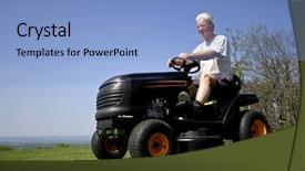  Presentation with 3d man sitting question mark - Slides featuring fresh cut grass - man sitting on a lawnmower background and a light blue colored foreground