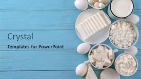  Presentation with dairy - Slides having fresh dairy products and eggs on wooden background background and a light blue colored foreground