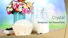  Presentation with natural products - PPT theme enhanced with fresh dairy products with blueberry on wooden table on natural background background and a sky blue colored foreground