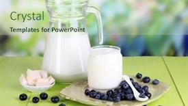  Presentation with natural products - Cool new slide deck with fresh dairy products with blueberry on wooden table on natural background backdrop and a soft green colored foreground