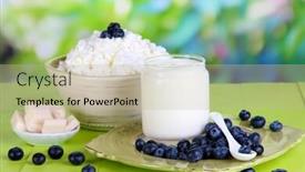  Presentation with natural products - Audience pleasing PPT layouts consisting of fresh dairy products with blueberry on wooden table on natural background backdrop and a mint green colored foreground