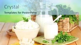  Presentation with natural products - Amazing slide deck having fresh dairy products with greens on wooden table on natural background backdrop and a sky blue colored foreground