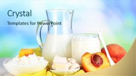  Presentation with natural products - Audience pleasing slide deck consisting of fresh dairy products with peaches on wooden table on natural background backdrop and a cool aqua colored foreground