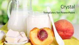  Presentation with natural products - Theme enhanced with fresh dairy products with peaches on wooden table on natural background background and a soft green colored foreground