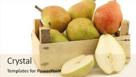  Presentation with fresh cut fruits vegetables - Presentation theme consisting of fresh doyenne de comice pears and a cut one in a wooden crate on a white background background and a lemonade colored foreground