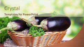  Presentation with wicker - Beautiful PPT theme featuring fresh eggplants in wicker basket on table on wooden background backdrop and a soft green colored foreground