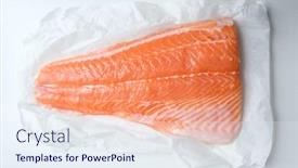  Presentation with food fish - Beautiful presentation theme featuring fresh fillet of salmon fish on white paper closeup food photography backdrop and a sky blue colored foreground