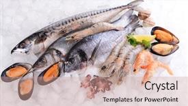  Presentation with seafood - Beautiful slides featuring fresh fish and other seafood backdrop and a coral colored foreground