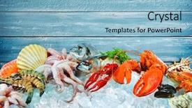  Presentation with food ice - PPT layouts consisting of fresh fish and seafood arrangement background and a light blue colored foreground