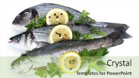  Presentation with fishes - Audience pleasing PPT theme consisting of fresh-fishes-with-lemon-parsley backdrop and a mint green colored foreground