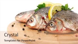  Presentation with top view of fresh fish - Beautiful presentation featuring fresh fishes with lemon parsley backdrop and a coral colored foreground