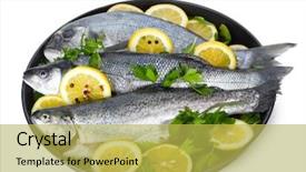  Presentation with fishes - Presentation theme featuring fresh fishes with lemon parsley and pepper on plate isolated on white background and a yellow colored foreground