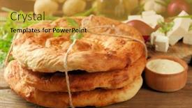  Presentation with bread - Colorful slide set enhanced with fresh fried bread with other products on wooden table closeup backdrop and a gold colored foreground