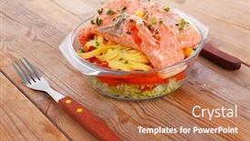  Presentation with cutlery - PPT layouts enhanced with fresh fried natural pink salmon on italian traditional tagliatelles backed with tomato and vegetables served over wooden table with cutlery background and a red colored foreground